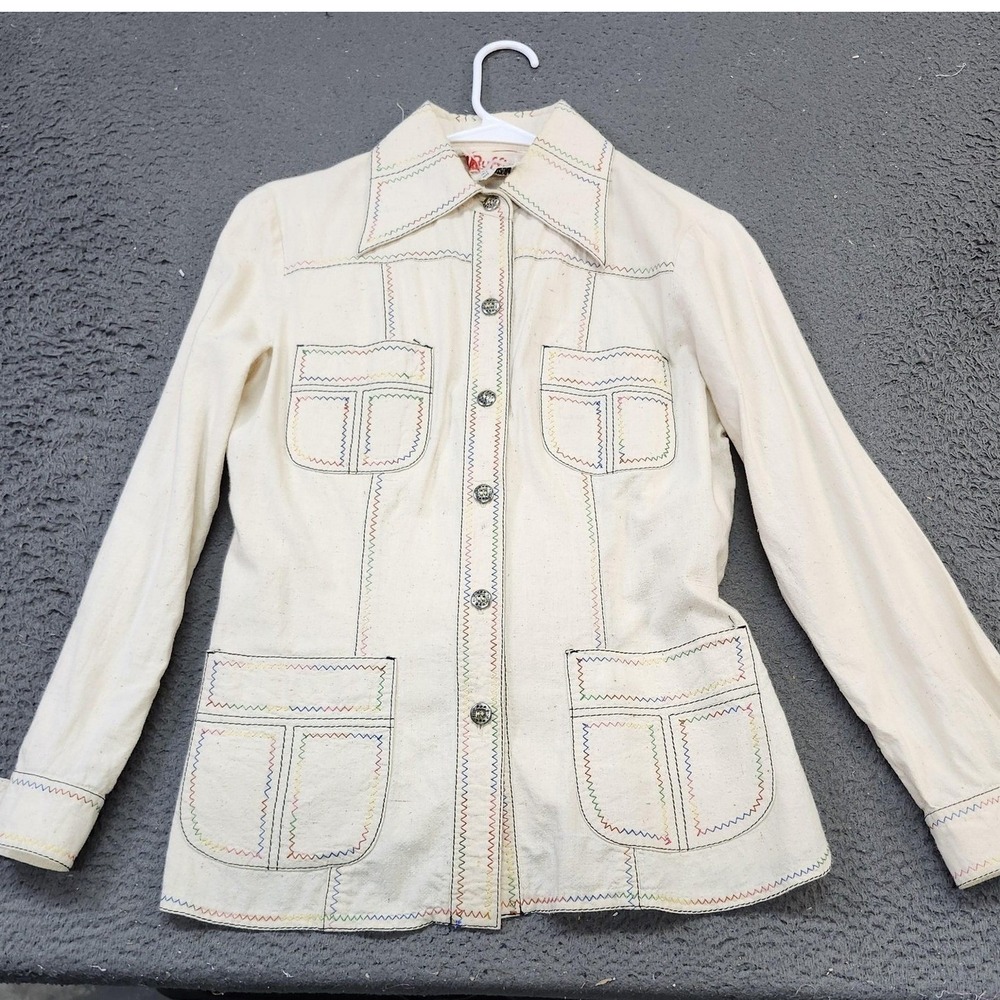 Vintage Ruffian Outfit Set Womens 10 White 2 Piece Jacket Pants Embroidered